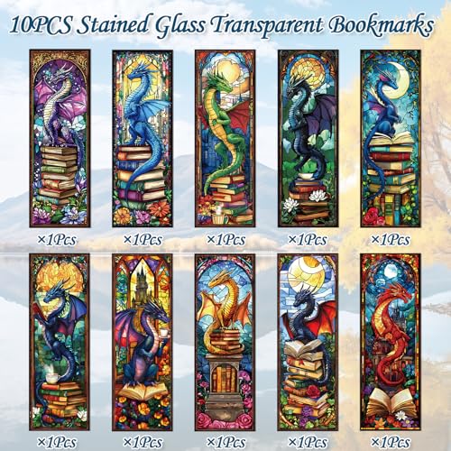 Wxiben 10 Pcs Dragon Stained Glass Transparent Bookmarks for Book Lovers - style: Dragon Stained Glass