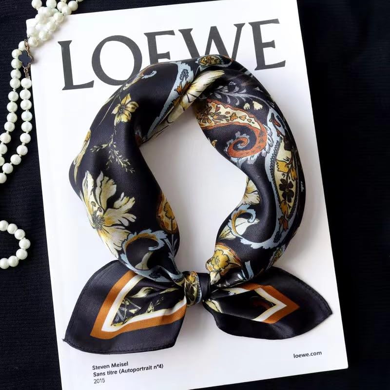ANDANTINO 100% Mulberry Silk Scarf -21” Square Neckerchief with Gift Packed - color: Flowers-black