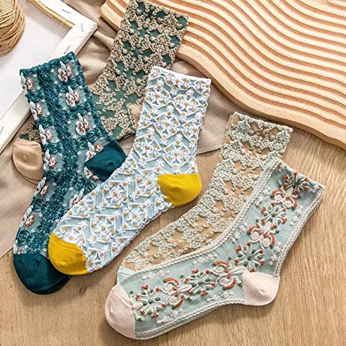 DXYAKY 5 Pairs Womens Floral Cotton Socks Vintage Patterned Crew Socks Novelty Ankle Ruffled Warm Casual Dress Socks - color: 5 Pairs - Blue