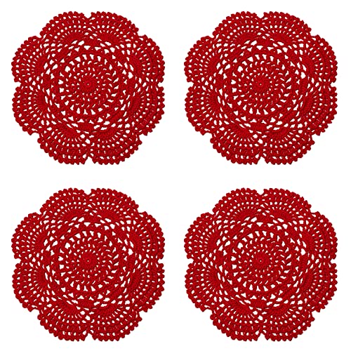 Phantomon 8 Inch Doilies Crochet Round Lace Doily Handmade Placemats 100% Cotton Crocheted Coasters, Pack of 4 (Red) - color: Red