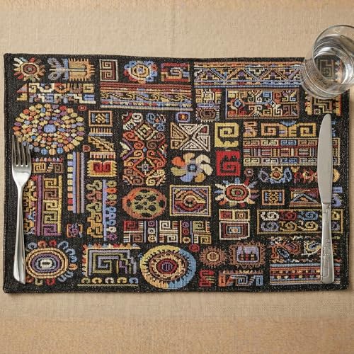DaDa Bedding Bohemian Ethnic Ornaments Tapestry Placemats - Set of 4-Pieces Greek Ethnic Calligraphy Geometric Colorful Dark Black Design - Decorative Cotton Woven Kitchen Dining Mats - 13” x 19” - color: Ethnic Ornaments