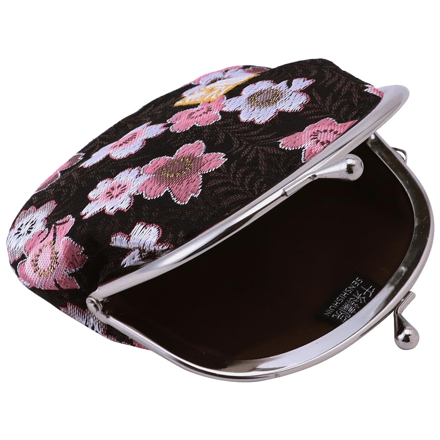 Nishijin brocade round clasp purse/coin purse with lining, size L. (Kuromomozakura) - color: Kuromomozakura
