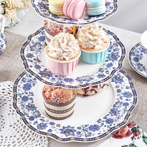 fanquare 3-Tier Elegant British Blue Floral Porcelain Cupcake Stand - color: Blue Cake Stand