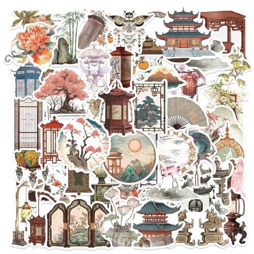 100 Pcs Ancient Chinese Culture Stickers，Traditional Chinese Architectural Art，Vinyl Waterproof Decal,Perfect for Kids,Teens,Water Bottle Suitcase Phone Skateboard Guitar Bike Laptop Scrapbook - size: Lotus