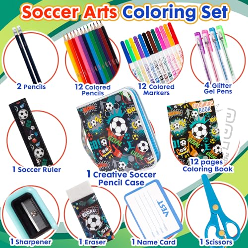 Washable Markers Set with Glitter Pencil Case, Art Supplies for Kids Ages 4-6-8, Arts Crafts Travel Coloring Kit for Boys 4 5 6 7 8 Year Old Birthday Gifts - color: Soccer