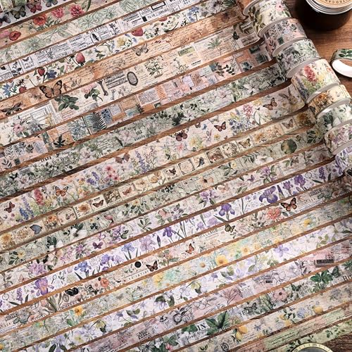 42 Rolls Vintage Washi Tape Set, Delicate Butterfly & Lush Floral Botanical Themed Writable Decorative Tapes with Retro Elements for Scrapbooking, Junk Journal Supplies, Bullet Journaling 5-25mm Wide - style: Botanical Style 3