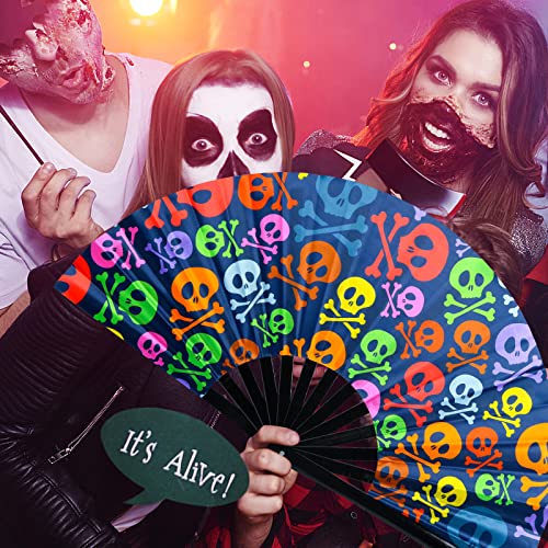 SYNTECSO Folding Hand Fan for Rave, UV Glow Clack Fan - color: Skulls