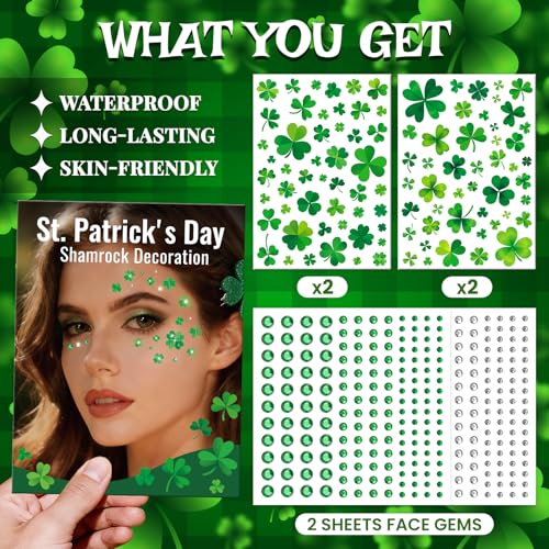St Patrick's Day Shamrock Face Tattoo with Green White Face Gems
