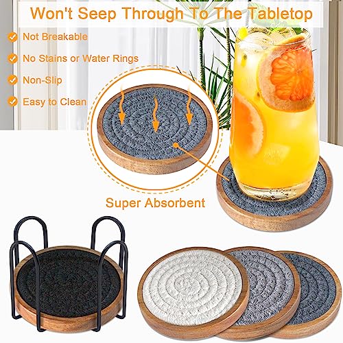 Wood Coasters for Drinks, Eykao Absorbent Coaster Sets of 5, Woven Drink Coasters for Coffee Table, Housewarming Gift for Farmhouse Home Decor,4 inches - color: Grey (With Holder)