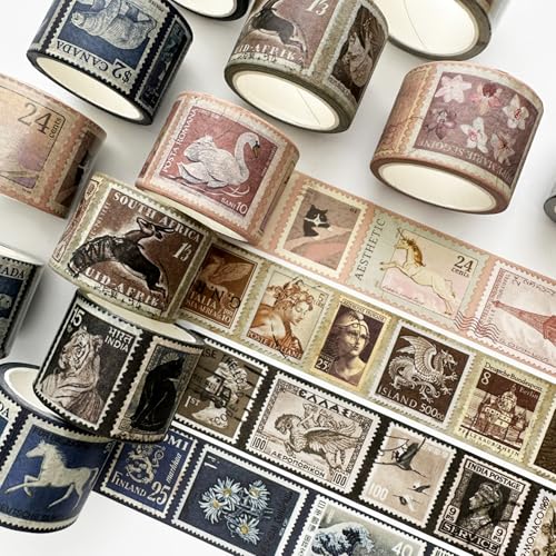 Stamps Washi Tape Set 4 Rolls Retro Post Decorative Vintage Patterns Masking Tapes for Arts, DIY Crafts, Journals, Planners, Scrapbook, Wrapping