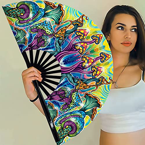 13" Large Rave Fan Bamboo, Folding Clack Hand Fans Foldable for Men Women, Poping Fan for EDM Festival Line Dance Decoration, (Magic Mushroom2, Large 13") - color: Magic Mushroom2, size: Large 13"