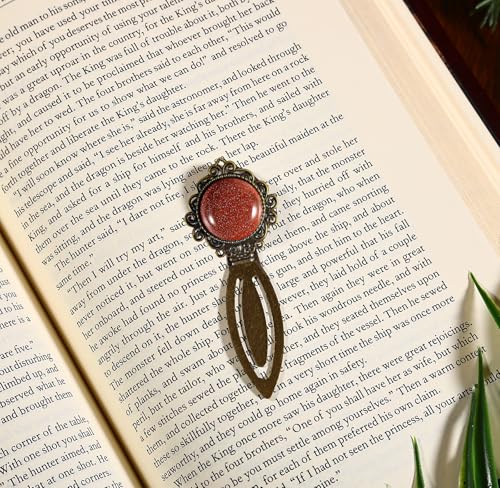 1Pcs Vintage Goldstone Bookmark with Natural Crystal Stone - Fantasy Brass Metal Bookmarks for Reading Women, Men, Book Lovers, Girls and Teachers Book Marks(Goldstone) - color: Goldstone