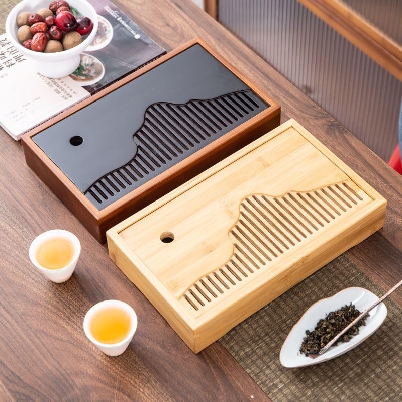 Bamboo Tea Tray & Table Set - Chinese Gongfu Tea Serving Tray with Tea Brush, Compact & Portable (11.8 Inch) - color: Black Brown