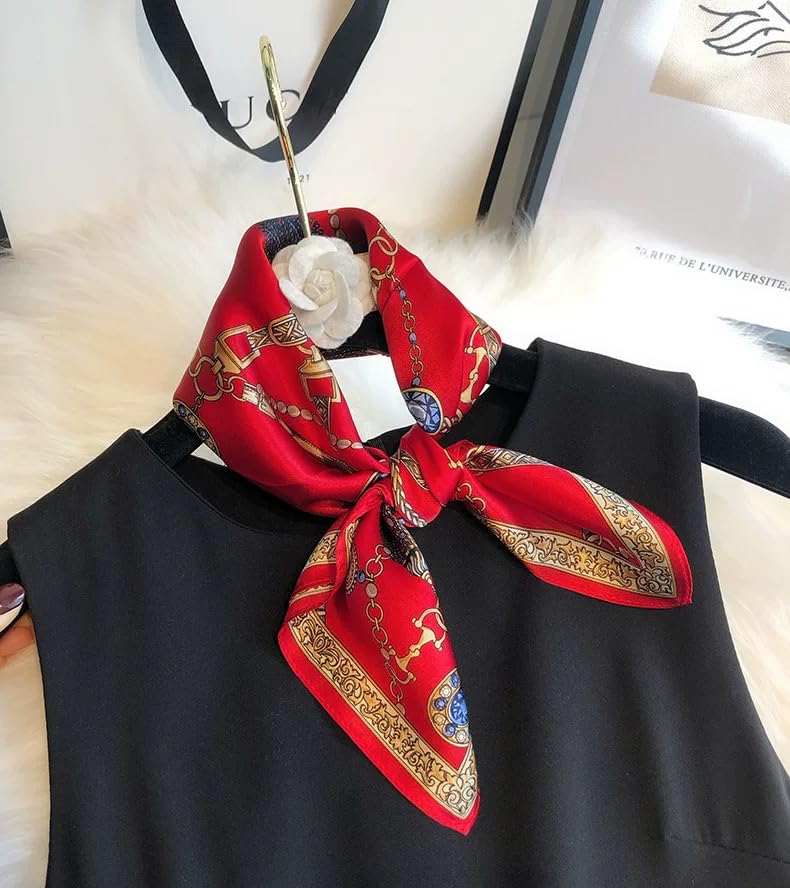 ANDANTINO 100% Mulberry Silk Scarf -21” Square Neckerchief with Gift Packed - color: Chains-gold&red
