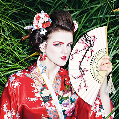 Chuangdi 12 Pcs Folding Hand Fans for Line Silk Dancing Fan, Cherry - style: Cherry