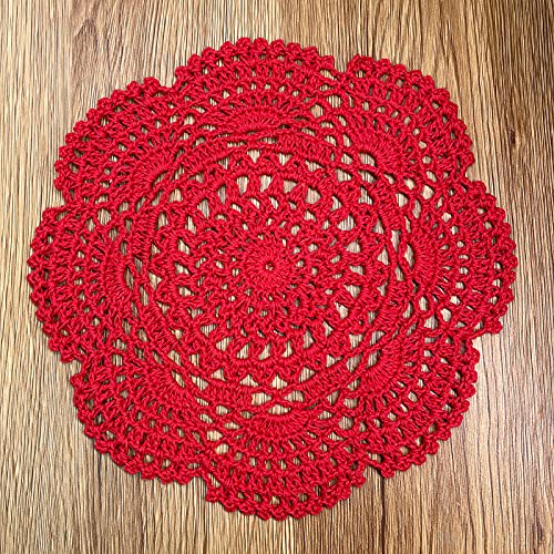 Phantomon 8 Inch Doilies Crochet Round Lace Doily Handmade Placemats 100% Cotton Crocheted Coasters, Pack of 4 (Red) - color: Red