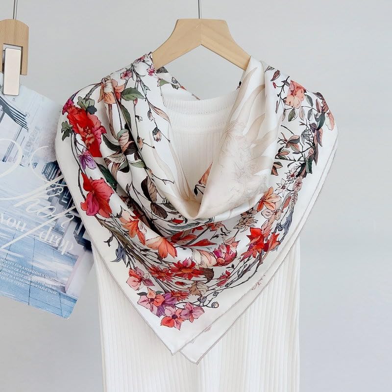 ANDANTINO 100% Mulberry Silk Scarf -Women 35" Square Hair Wraps-Gift Packed - color: Floral-white-twill