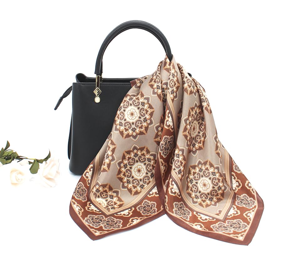 ANDANTINO 100% Mulberry Silk Scarf -21” Square Neckerchief with Gift Packed - color: Flowers-coffee