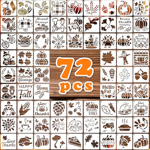 72 PCS 3x3 Inch Thanksgiving Stencils for Painting - Pumpkins, Gourds, Autumn Leaves, Wheat, Turkey Reusable Thanksgiving Painting Templates on Wood, Glass, Fabric, Window Door Decor DIY Decoration - style: 72PCS Thanksgiving