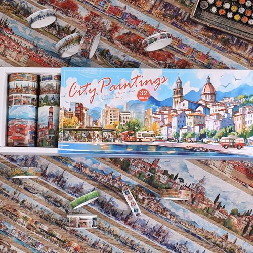 32 Rolls Vintage Washi Tape Set, European Cityscapes with Architectures & Scenery, Writable Decorative Tapes for Scrapbooking, Junk Journal Bullet Journal Supplies 8-50mm Wide, Artistic Adhesive Tape - style: Urban landscape