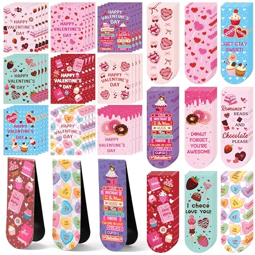 Haooryx Valentine's Day Magnetic Bookmark - 36 Set Sweet Dessert Magnetic Clip Bookmark with Valentine Gift Card Page Marker for Kids Valentines School Class Exchange Gift Student Reward Party Favor