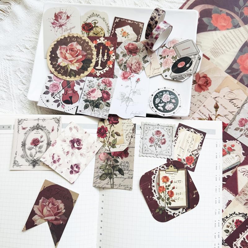 Rose Botanical Bullet Junk Journal Kit, Red Aesthetic Scrapbooking Supplies