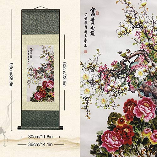 AtfArt Silk Scroll Painting, Asian Wall Art, Flowers, 36.2x12in - color: D01