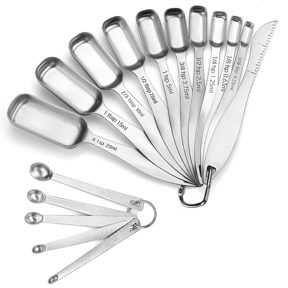 18/8 Stainless Steel Measuring Spoons Set of 16 Pieces, Includes 10 Narrow, 1 Leveler and 5 Mini Spoons - size: 16 Pieces: 15 Spoons + 1 Leveler