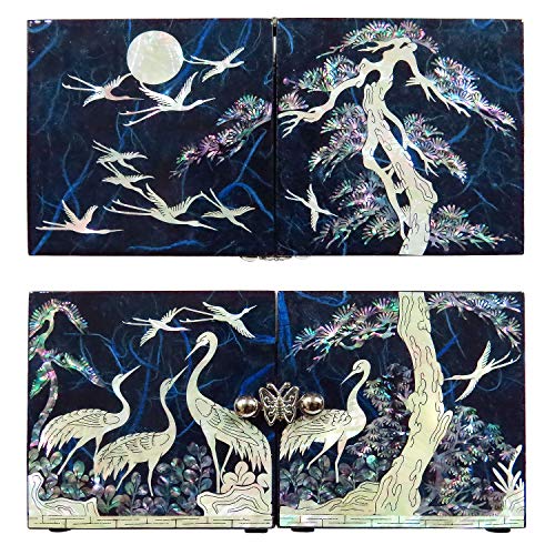 MADDesign Mother of Pearl Twin Cubes Jewelry Box Crane Pine Tree Blue - color: Blue