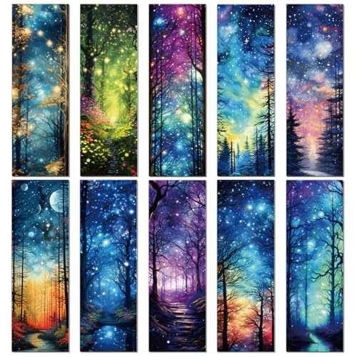 Wxiben Fantasy Forest Transparent Bookmark - 10 Pcs Starry Night Sky Transparent PVC Bookmark Moon Space Book Mark Page Clips Gifts for Women Men Book Lovers Teacher Bookish Reading Accessories - style: Fantasy Forest