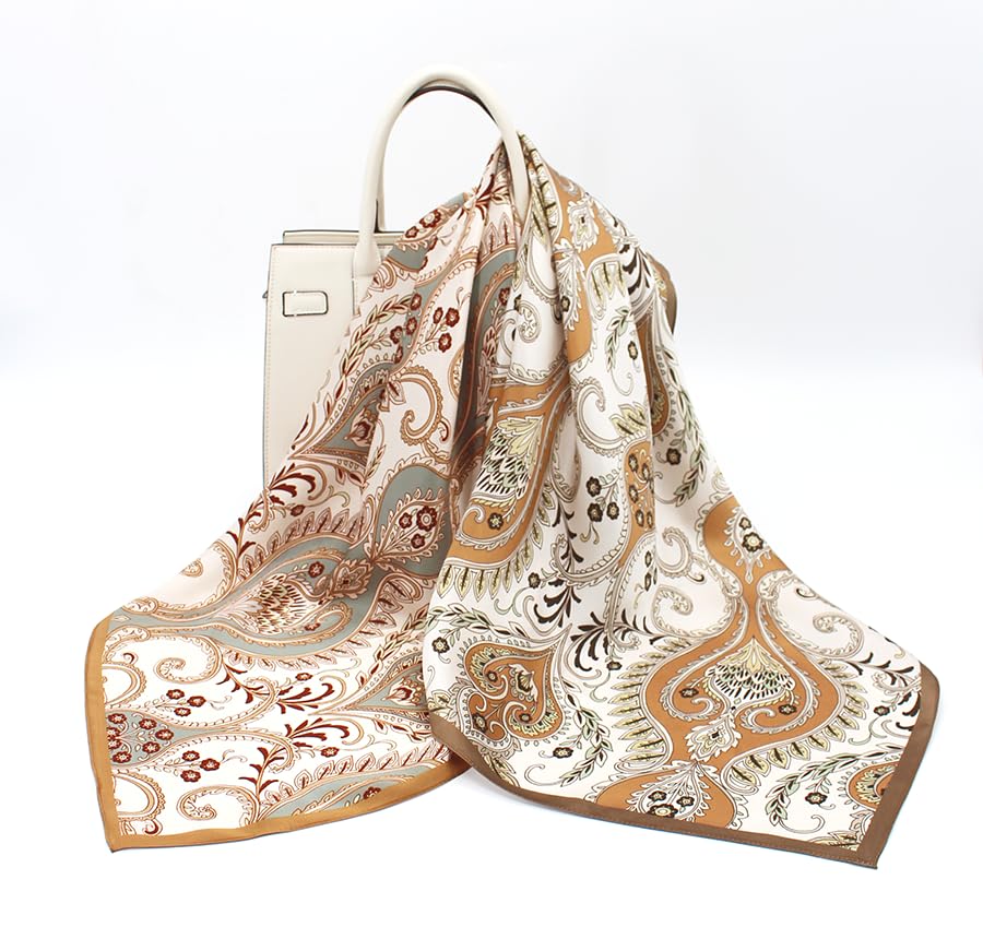 ANDANTINO 100% Mulberry Silk Scarf -Women 35" Square Hair Wraps-Gift Packed - color: Floral-light Brown
