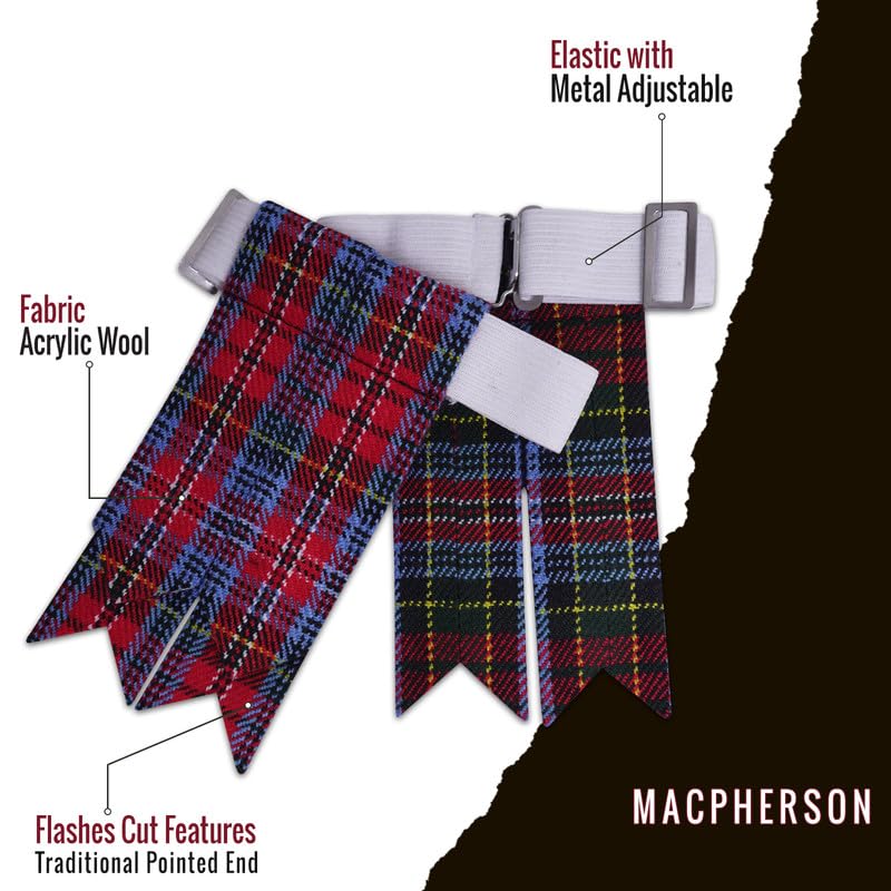 Kilt Flashes for Men with Heavy Buckle Adjusters, Plain & Tartan Kilt Sock Flashes. - color: Mcpherson
