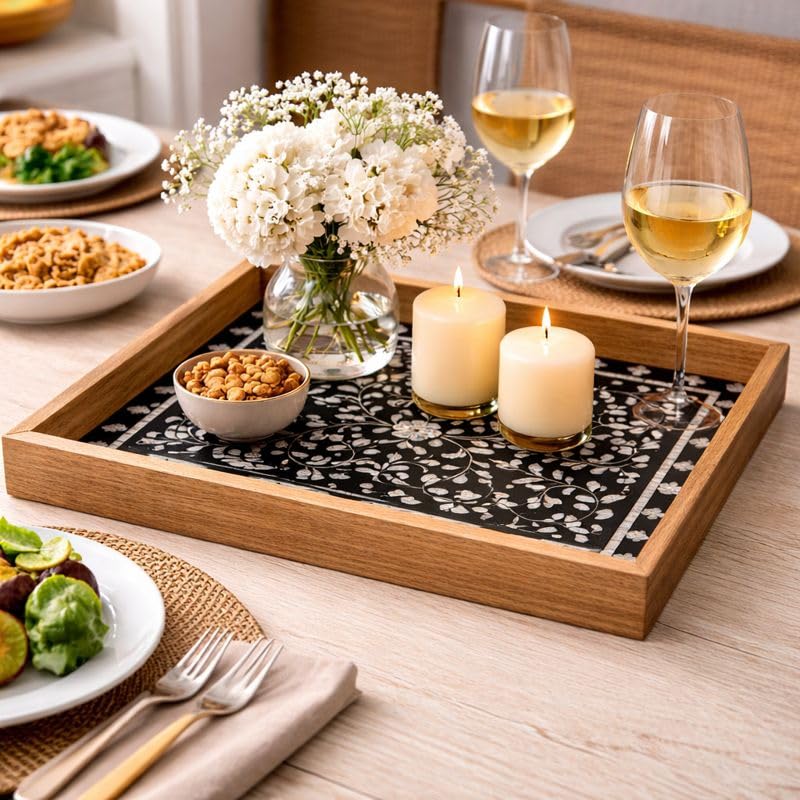 Decorative Wooden Serving Tray with Mother of Pearl Inlay Handcrafted Rectangle Coffee Table Tray Kitchen & Home Décor