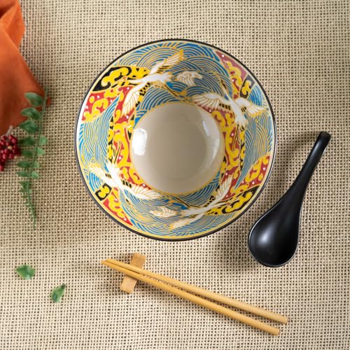 Urban Tokyo 24oz Large Ceramic Ramen Bowl Set with Chopsticks, Spoon & Bamboo Rest – Oriental Japanese Design, Microwave & Dishwasher Safe, Crane Design - color: Japanese Crane