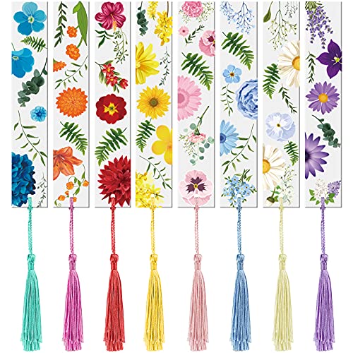 Outus 8 Sets Floral Acrylic Bookmarks for Women, Transparent with Tassels
