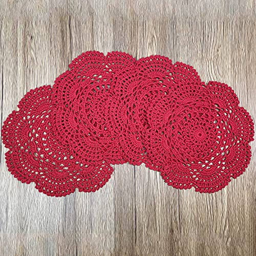 Phantomon 8 Inch Doilies Crochet Round Lace Doily Handmade Placemats 100% Cotton Crocheted Coasters, Pack of 4 (Red) - color: Red