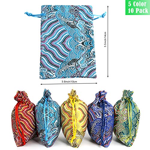 PINOWU 10pcs Silk Brocade Jewelry Pouch Bag 4x5.5 for Wedding Party Favors, Drawstring Coin Purse Embroidered Sachet Candy Chocolate Bag for Christmas New Year Birthday Party (Thick)