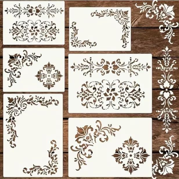 6Pcs White Wall Stencils for Painting, Vintage Floral Border Corner Stencil, Reusable Damask Paint Template for Wood Canvas Paper Fabric Floor DIY Art Craft