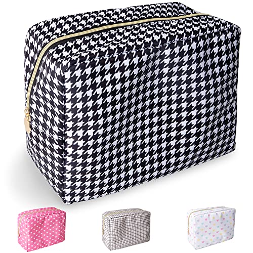 Nylon Large Makeup Bag Black Houndstooth Travel Pouch for Women, Big Preppy Makeup Bag Cute Cosmetic Zipper Pouch Purse, Waterproof Toiletry Bag Clutch Makeup Organizer for Girls(Black Houndstooth) - color: Black Houndstooth, size: Large