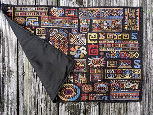 DaDa Bedding Bohemian Ethnic Ornaments Tapestry Placemats - Set of 4-Pieces Greek Ethnic Calligraphy Geometric Colorful Dark Black Design - Decorative Cotton Woven Kitchen Dining Mats - 13” x 19” - color: Ethnic Ornaments