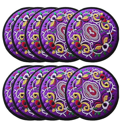 Zhiheng 10 Pack Vintage Ethnic Fabric Coasters Floral Embroidery Cloth Coasters Round Coffee Cup Mat Drink Tableware for Housewarming Party Table Home Decorations (Purple) - color: Purple