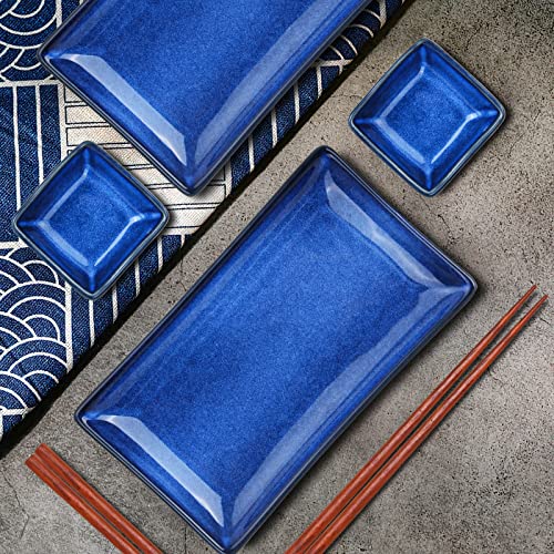 Ceramic Sushi Serving Tray Sets 2, 6 Pieces Japanese Style Porcelain Sushi Plate Set with Soy Sauce Dishes, Bamboo Chopsticks Housewarming Gift, Blue
