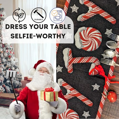 DaDa Bedding Starry Peppermint Joy Placemats - Set of 4 Festive Christmas Winter Holiday Tapestry - Red Black & White Cotton Linen Woven Yueltide Dining Table Mats - 13” x 19” (12904) - color: Joy