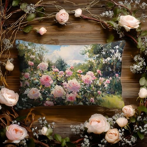 Vintage Rose Garden Nature Scene Pillow Cover 12x20 Double-Sided, Cottagecore Pink Flower Decorative Lumbar Throw Pillow Cover for Home Bedroom Living Room - color: A-rose-13, size: 20" x 12" (Pack of 1)