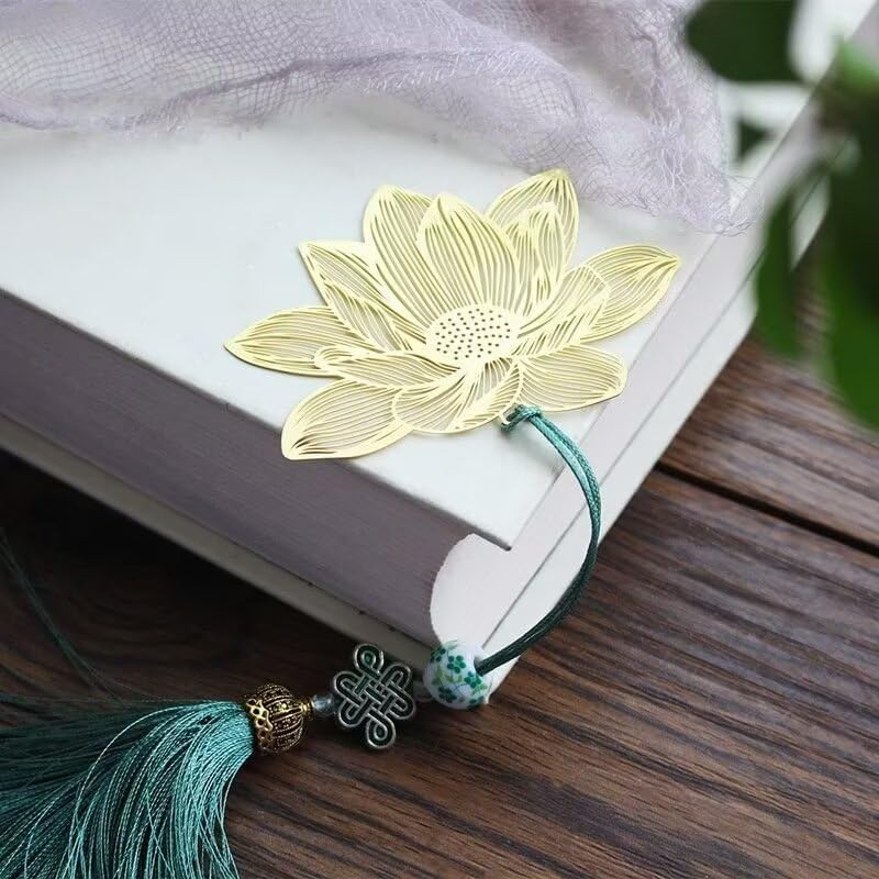 Chinese Metal Bookmarks with Tassels Golden Brass Lotus Flower Bookmark for Women Book Lovers Reader or Librarian - color: Green