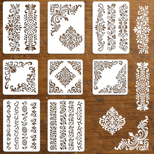 8Pcs Border Floral Stencil PET Painting Templates Flower Inlay Border Stencils for Furniture Reusable DIY Craft for Wall Wood Fabric Canvas Paper Home Decor 7.87inch, 11.7inch - color: corner patterns