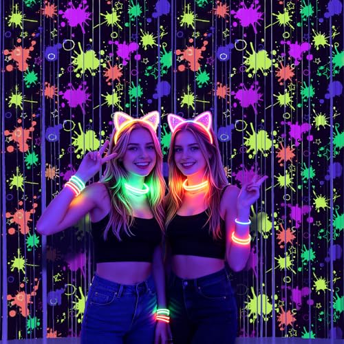 OQOQ Neon Party Decorations Tinsel Curtains Backdrop 2 Pack, 3.3x8.2ft XL - color: Neon Splatter