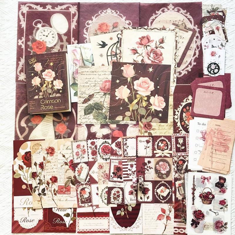 Rose Botanical Bullet Junk Journal Kit, Red Aesthetic Scrapbooking Supplies