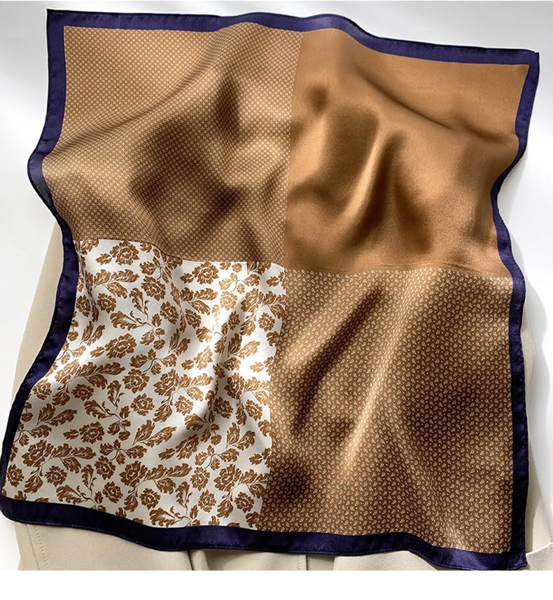 FEIBOON Mulberry Silk Scarf 21"x21" Small Square Scarfs for Women - color: Coffee White