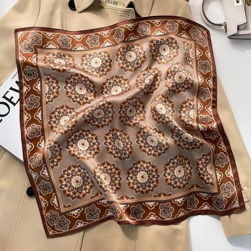 ANDANTINO 100% Mulberry Silk Scarf -21” Square Neckerchief with Gift Packed - color: Flowers-coffee